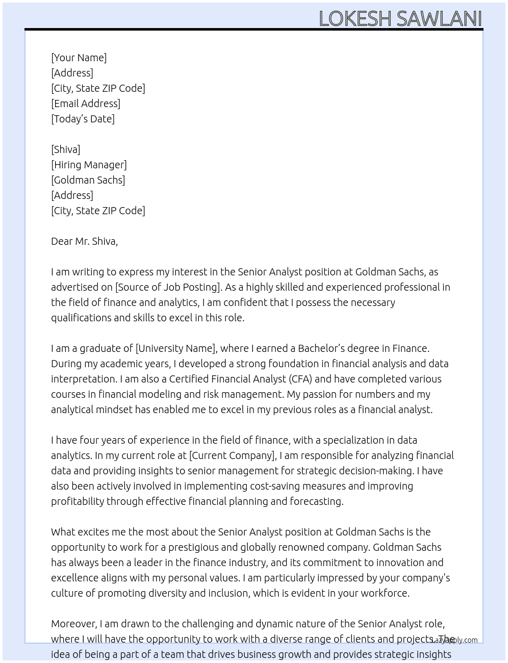 Senior Analyst At Goldman Sachs Cover Letter