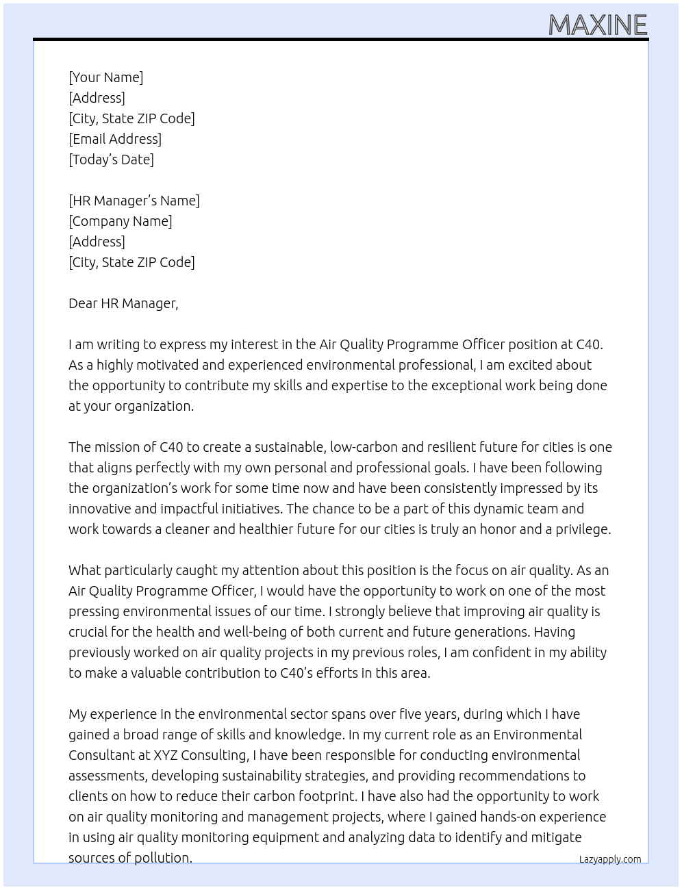 Air Quality Programme Officer At C40 Cover Letter
