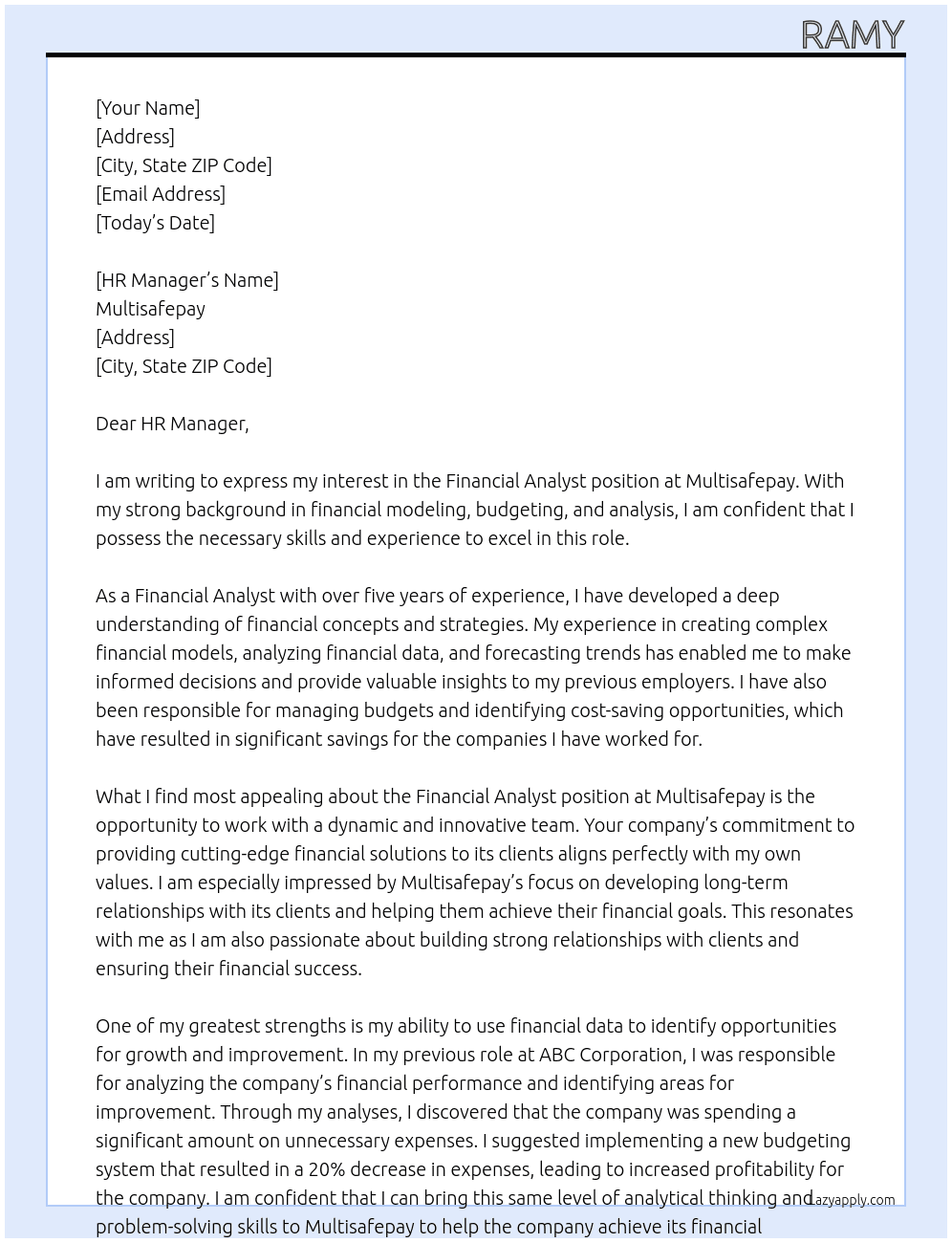 Financial Analyst At Multisafepay Cover Letter