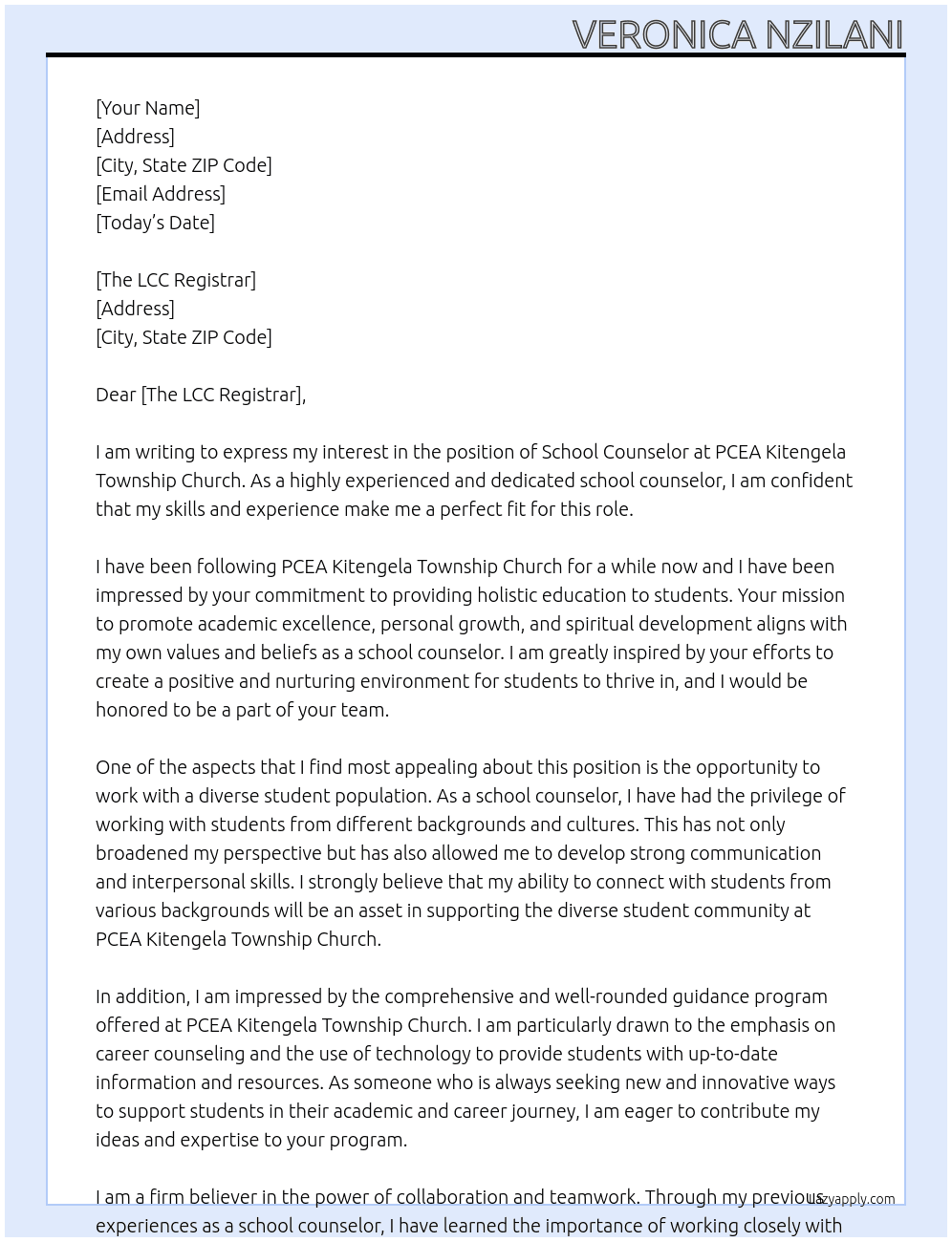 school counselor At PCEA KITENGELA TOWNSHIP CHURCH Cover Letter