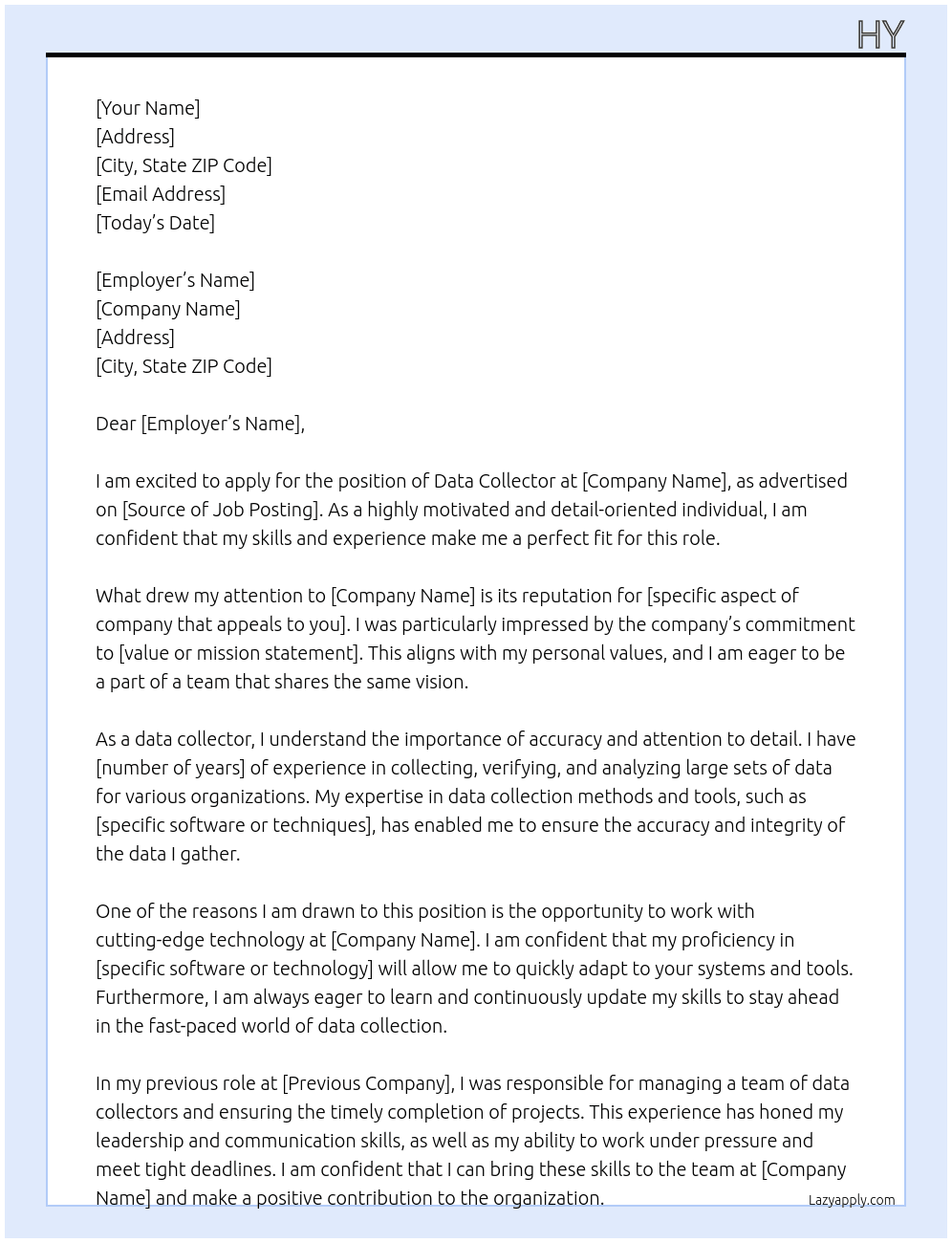 Data Collector  At Hy Cover Letter