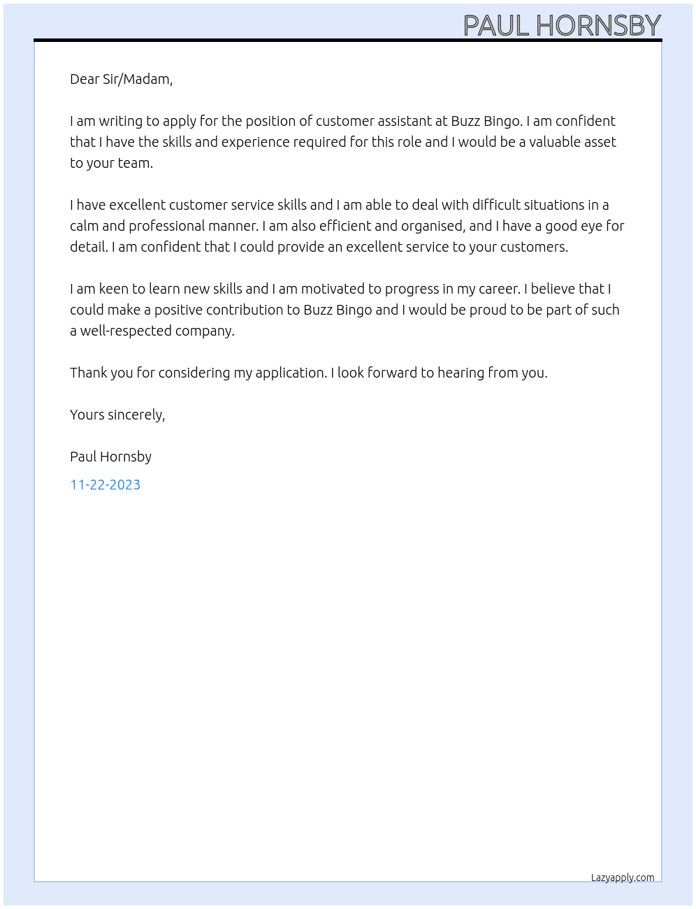 Customer assistant  At Buzz bingo Cover Letter