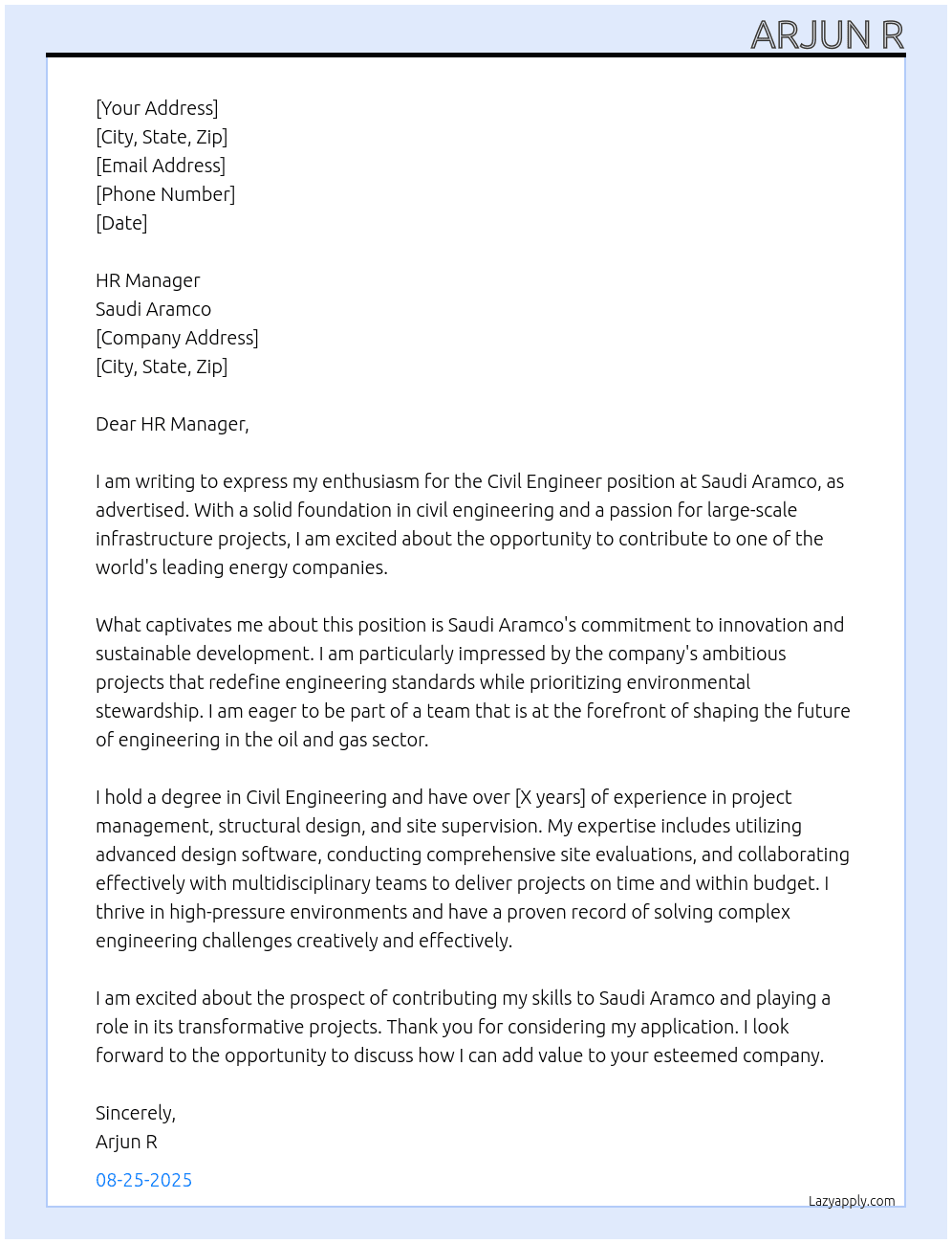 civil engineer At Saudi Aramco Cover Letter