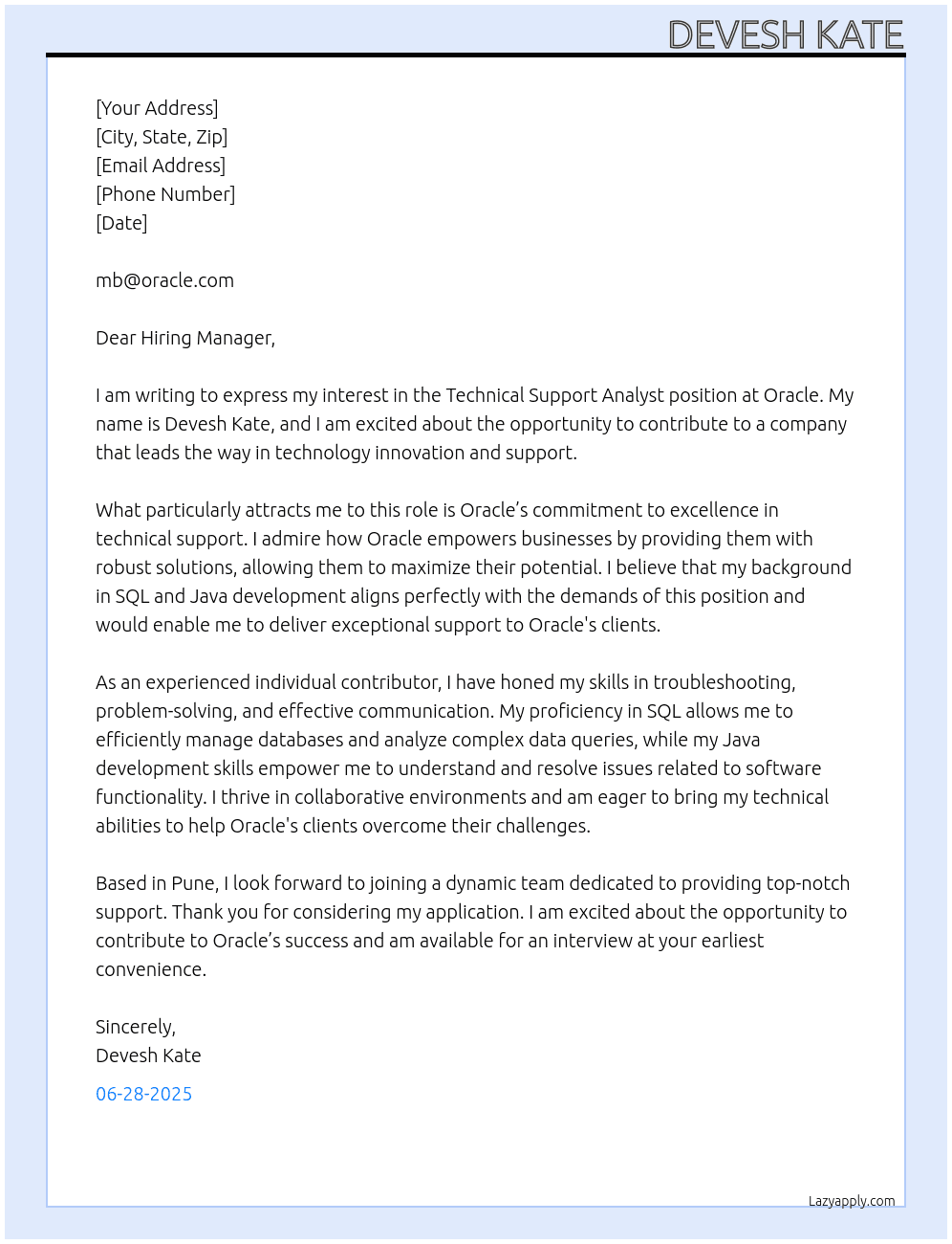 Cover letter for technical support analyst - LazyApply