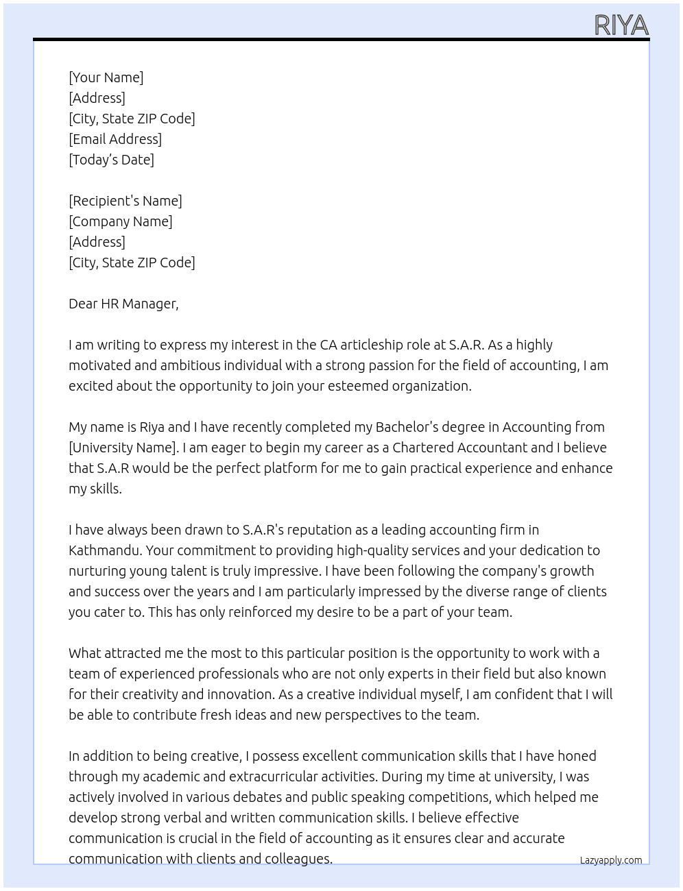 CA articleship  At S.A.R Cover Letter