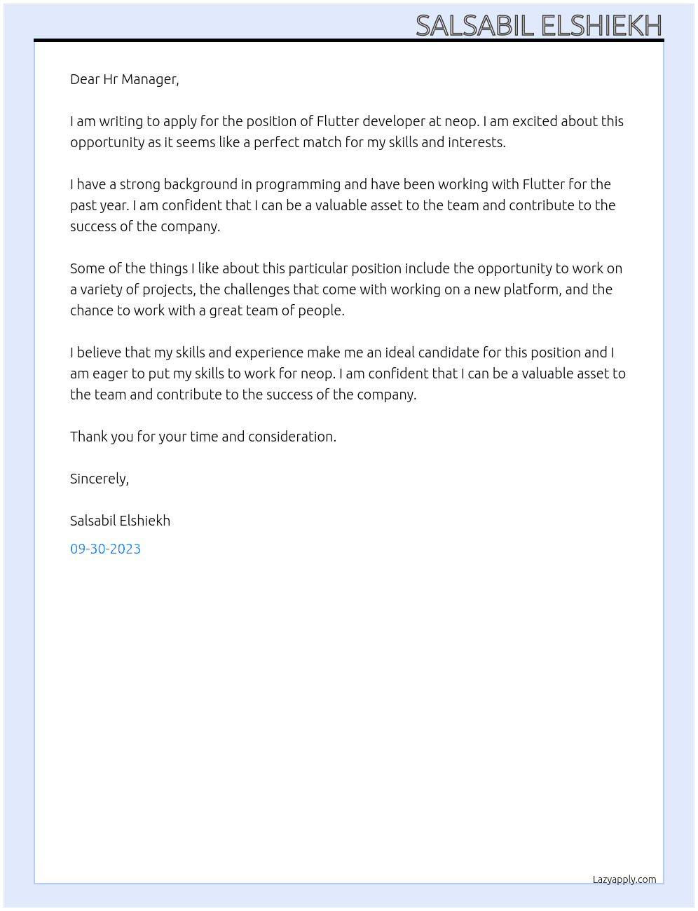 Flutter developer At neop Cover Letter