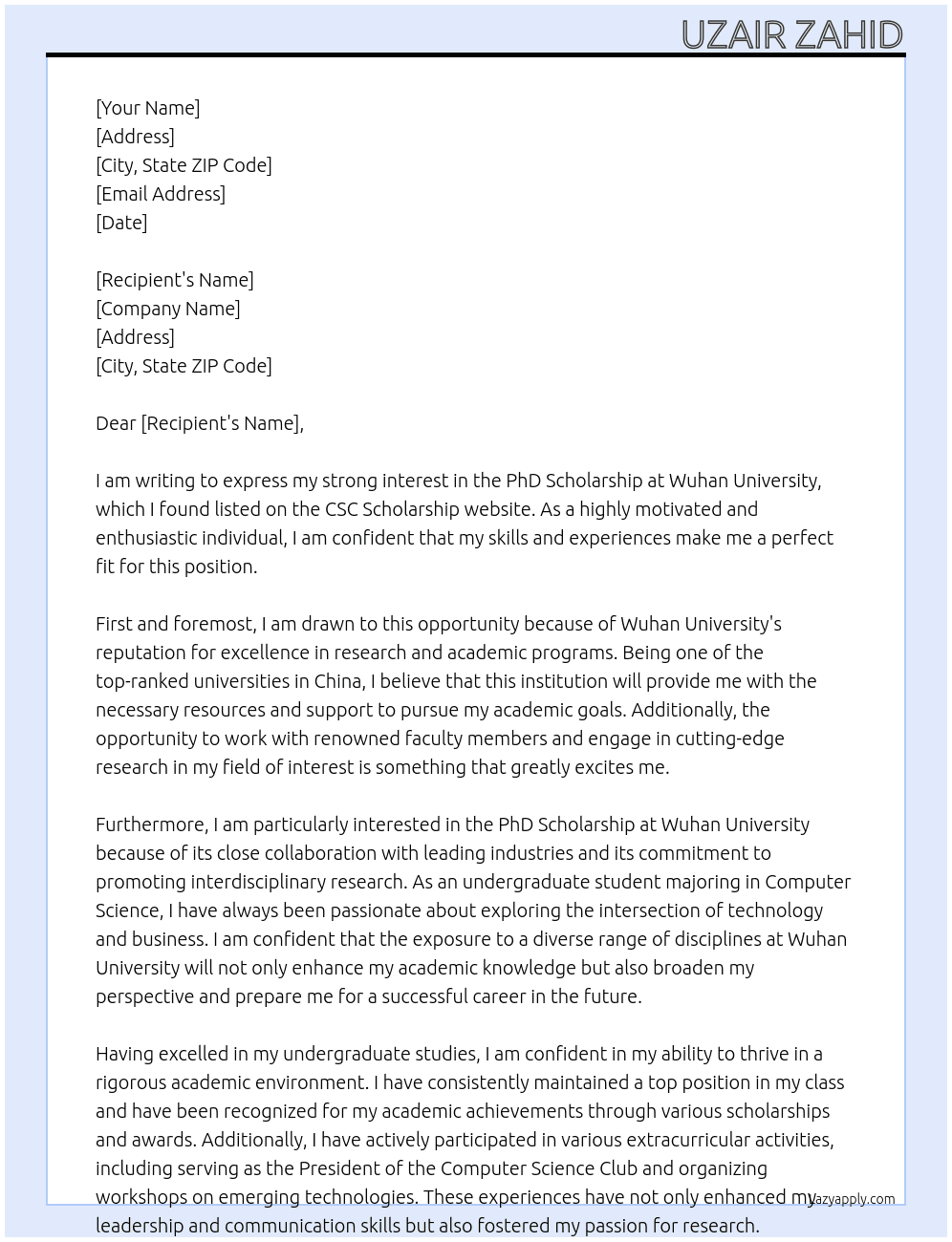 PhD Scholarship At CSC Scholarship Cover Letter
