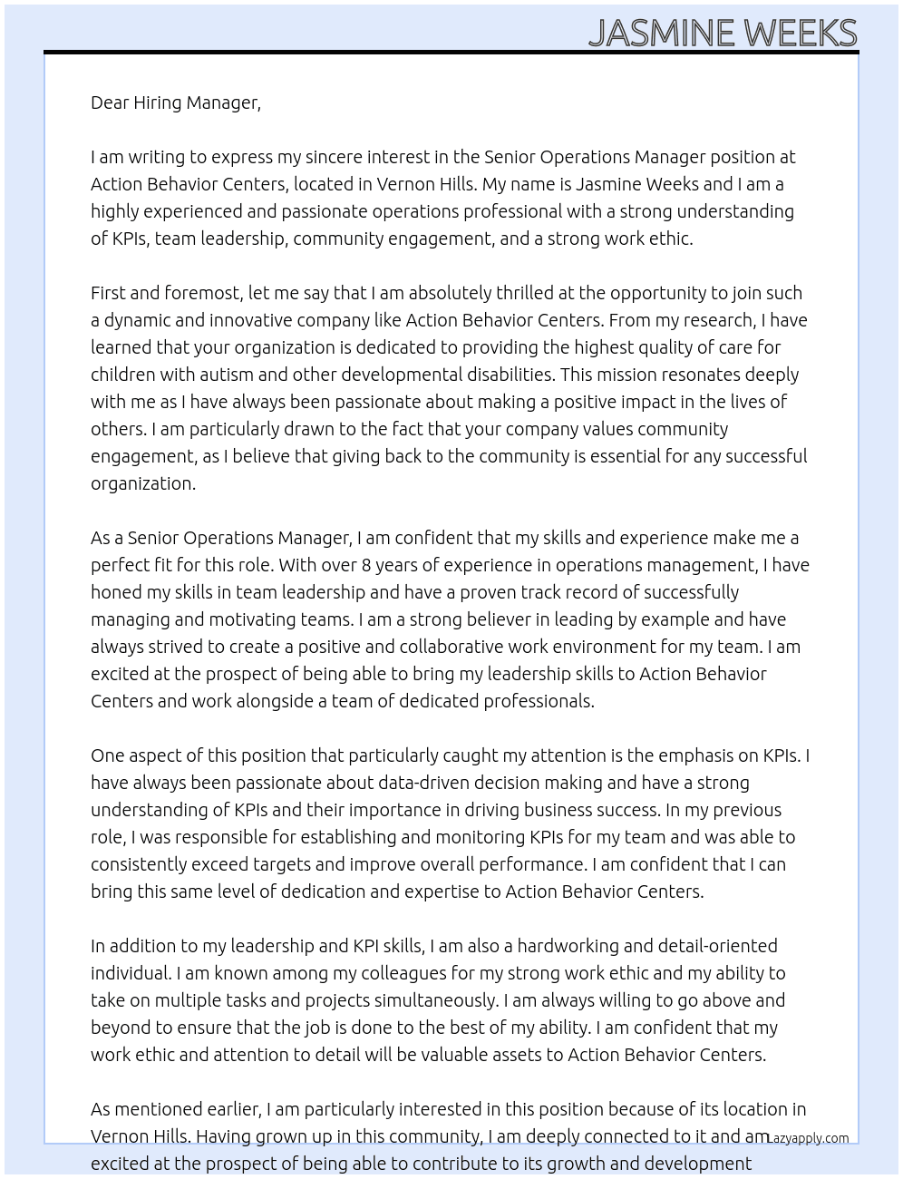 Senior Operations Manager At Action Behavior Centers Cover Letter