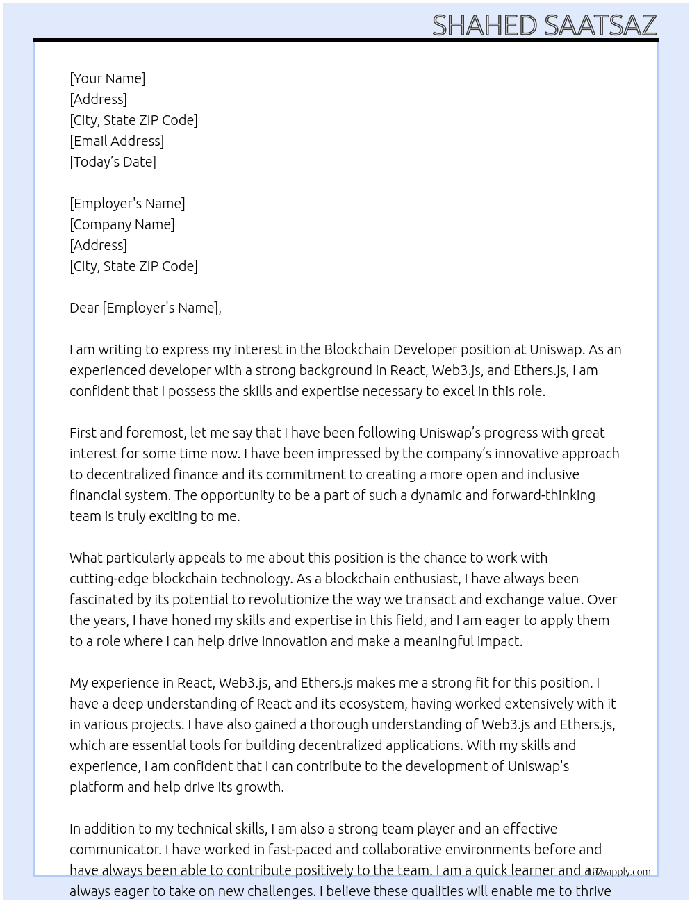 Blockchain Developer At Uniswap Cover Letter