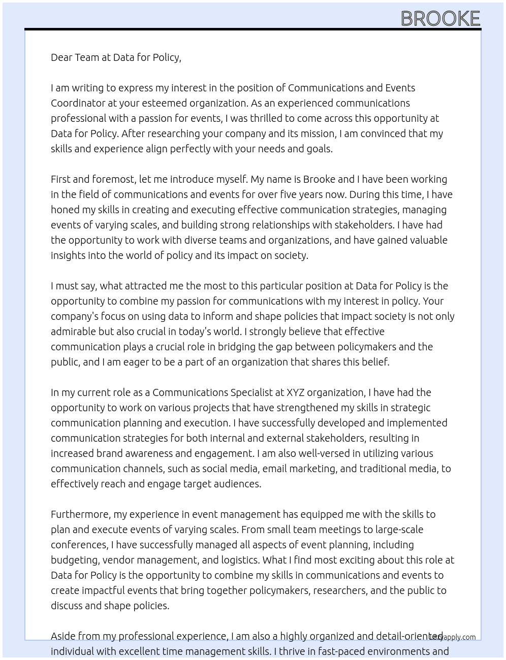 Communications and Events Coordinator At Data for Policy Cover Letter