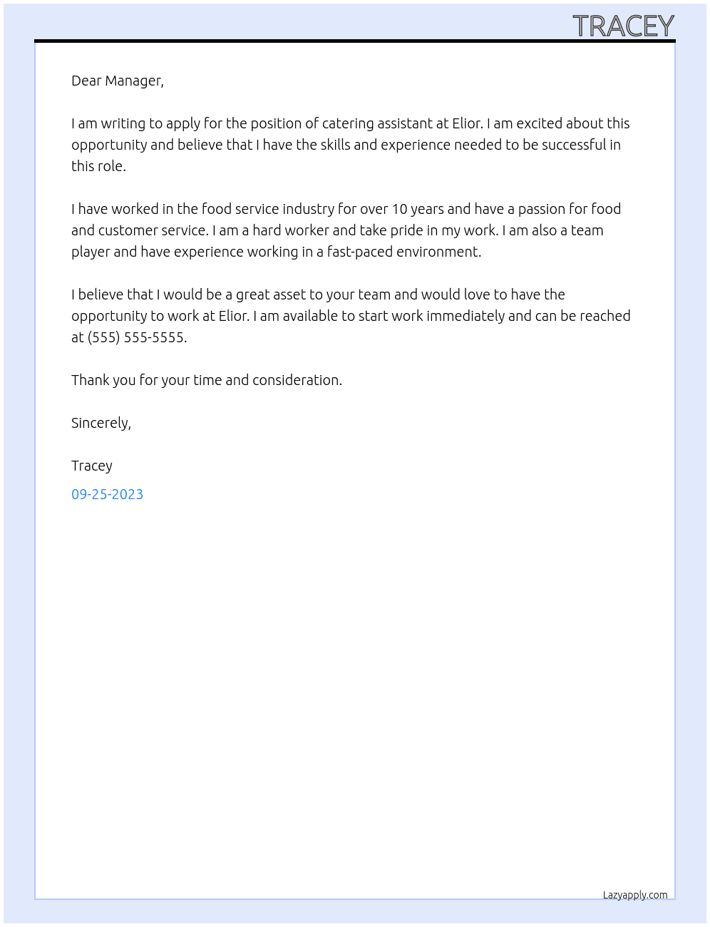 catering assistant At Elior Cover Letter