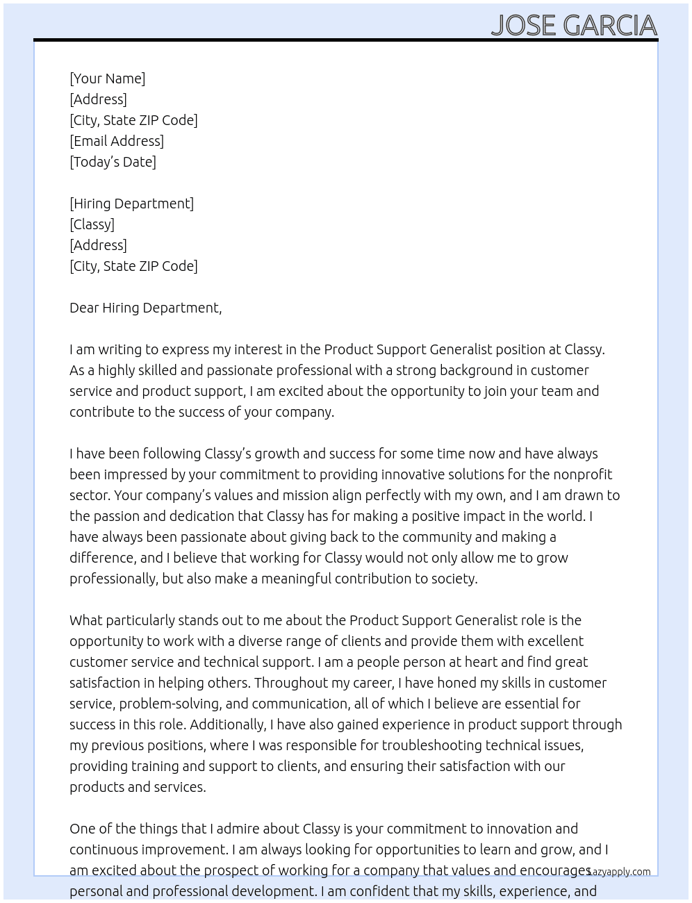 Product Support Generalist At Classy Cover Letter