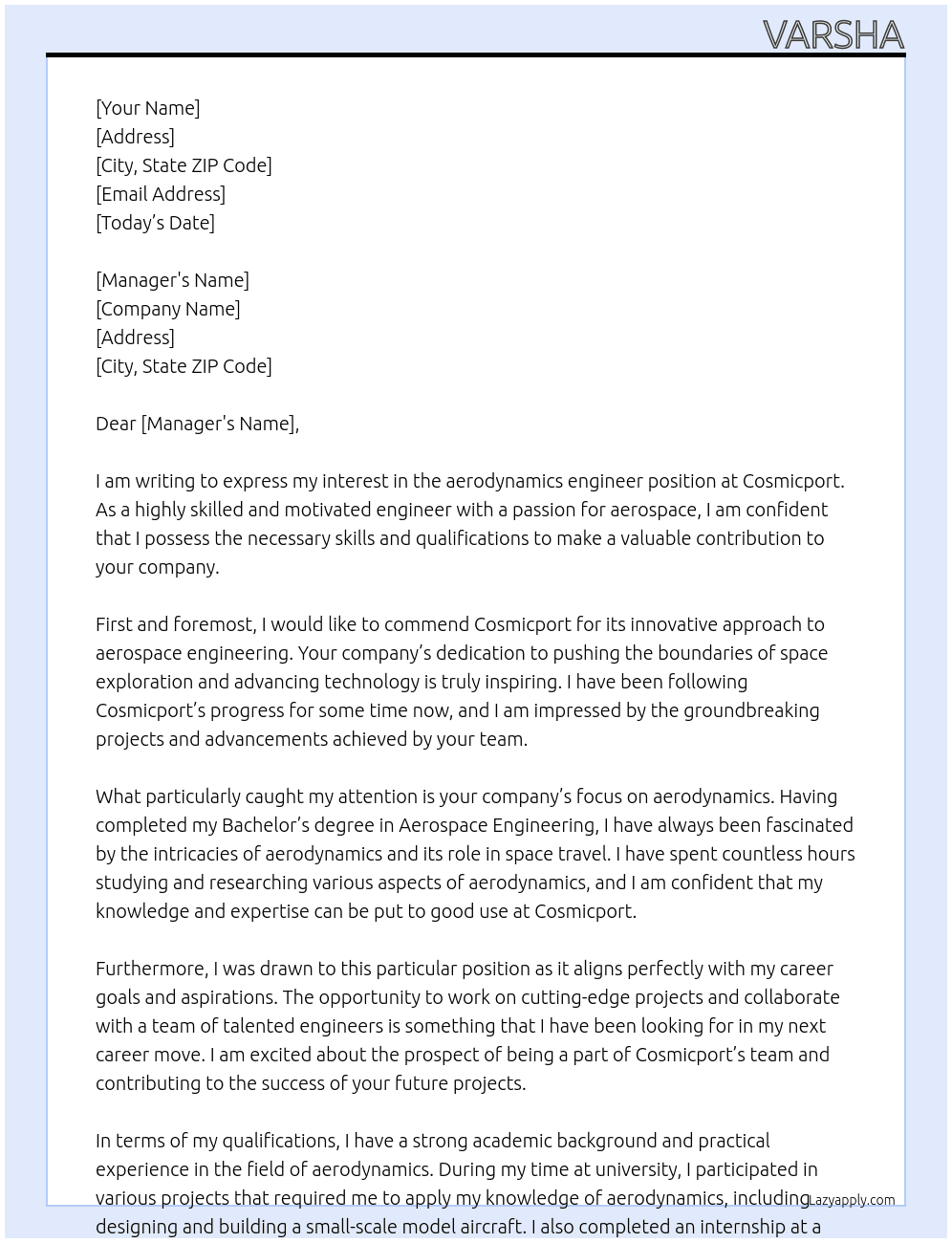 aerodynamics engineer At cosmicport Cover Letter