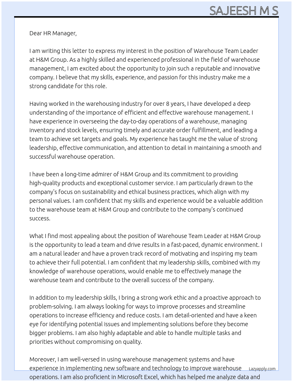 Warehouse Team Leader At H&M Group Cover Letter