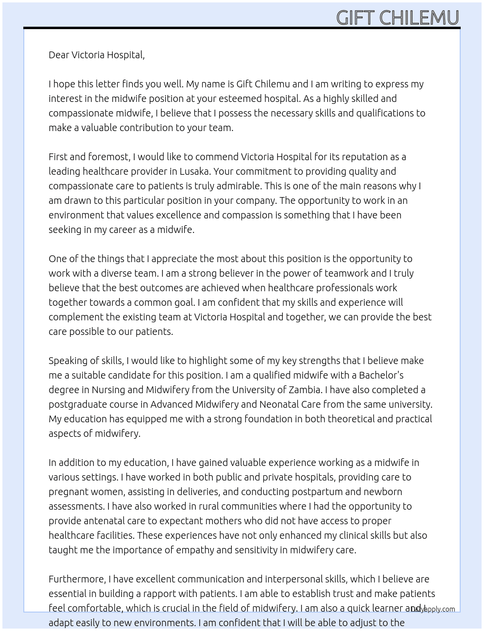 midwife At Victoria Hospital Cover Letter