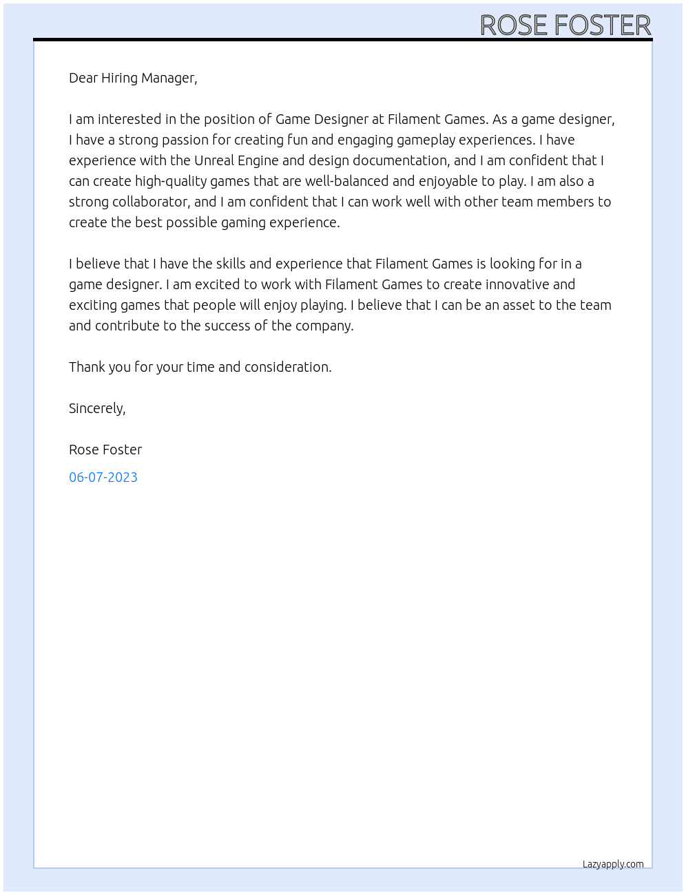 Game Designer At Filament Games Cover Letter