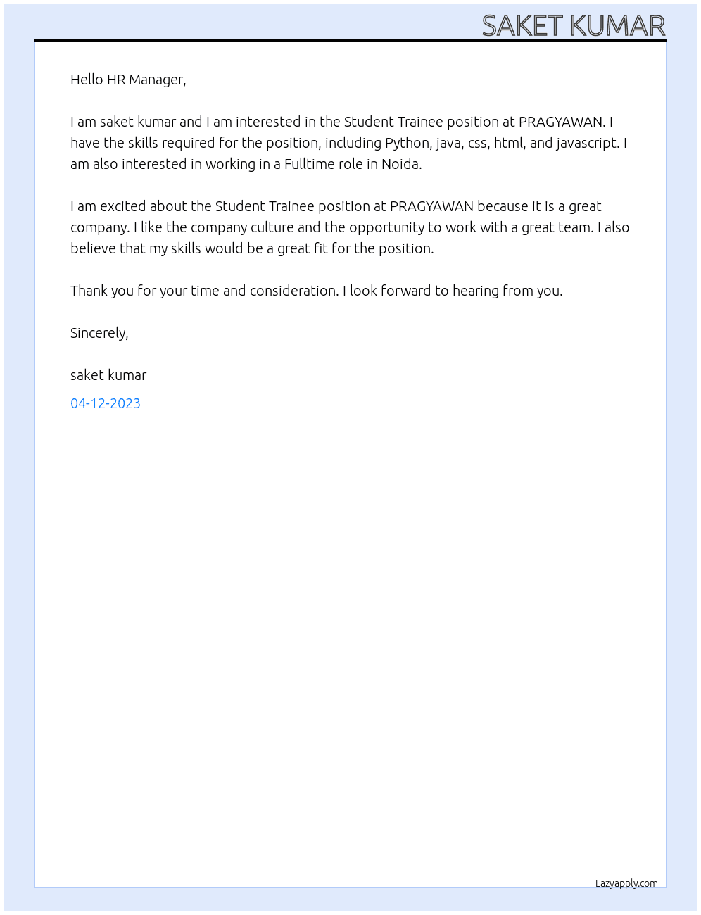 Student Trainee At PRAGYAWAN Cover Letter