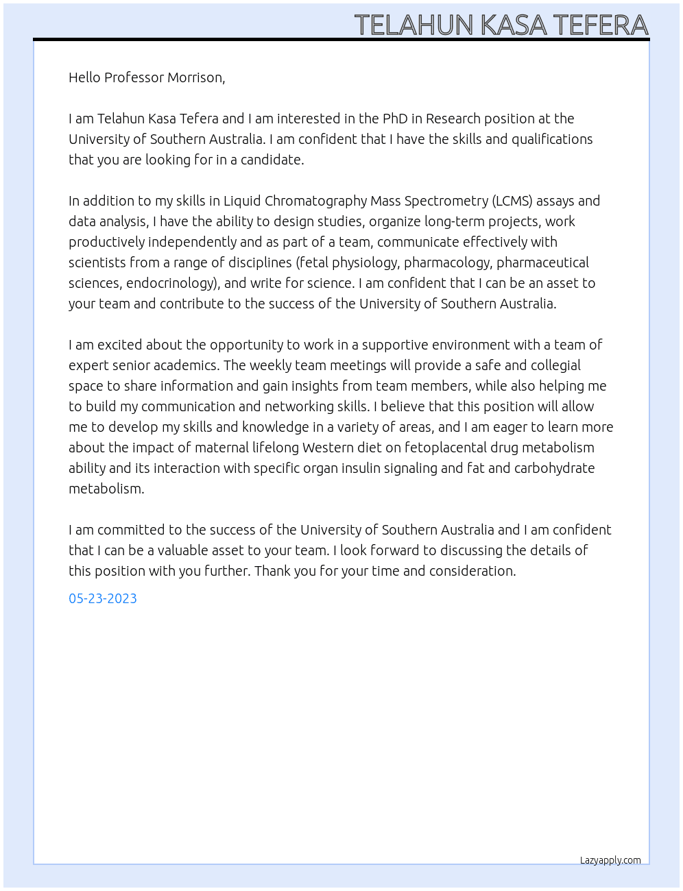 PhD in Research At University of Southern Australia Cover Letter