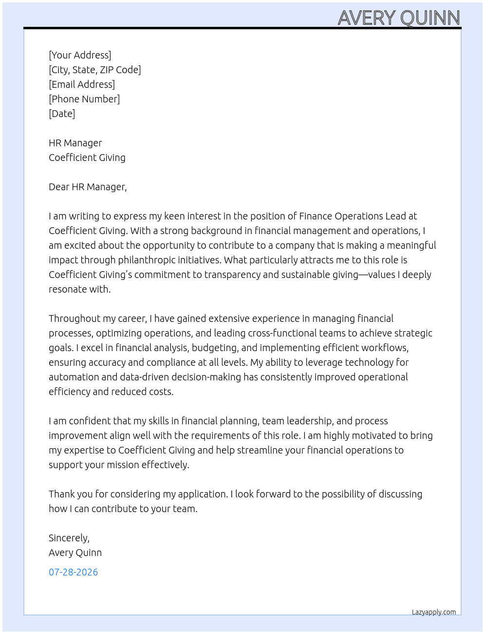 Finance Operations Lead At Coefficient Giving Cover Letter