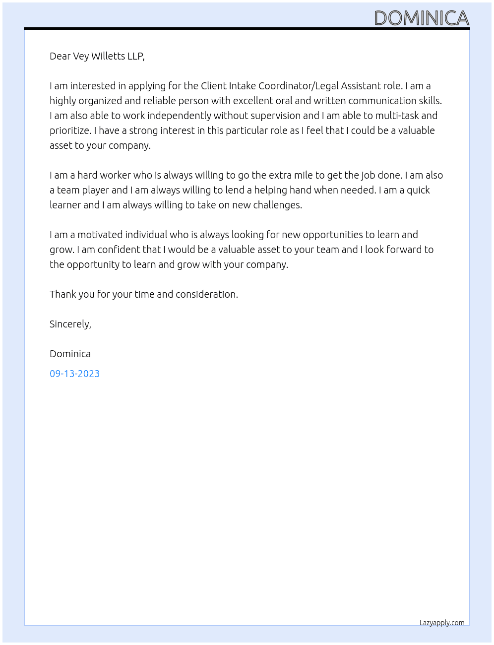 Client Intake Coordinator/Legal Assistant At Vey Willetts LLP Cover Letter