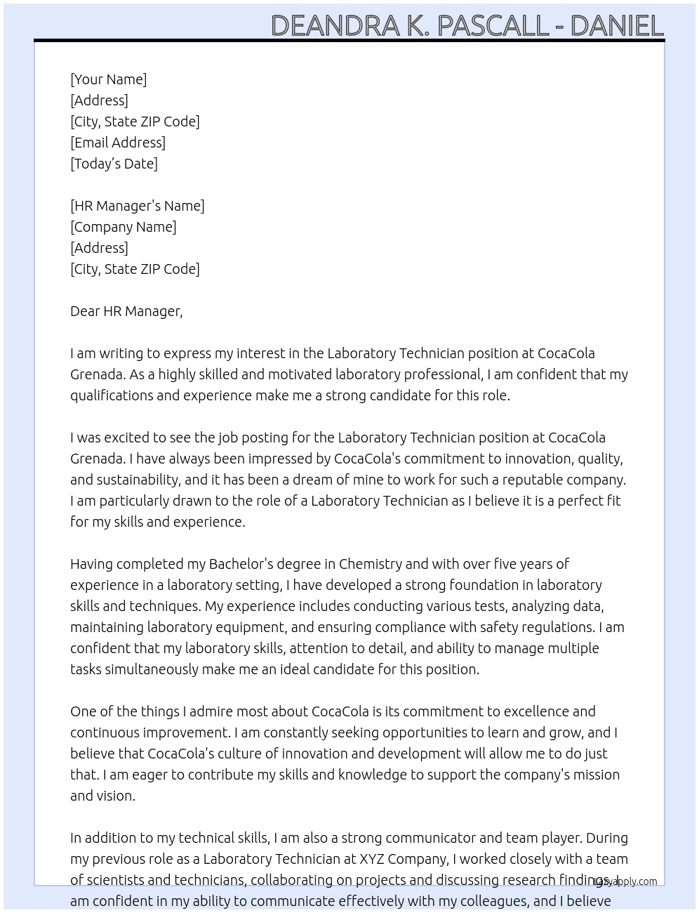 Laboratory technician  At CocaCola Grenada  Cover Letter
