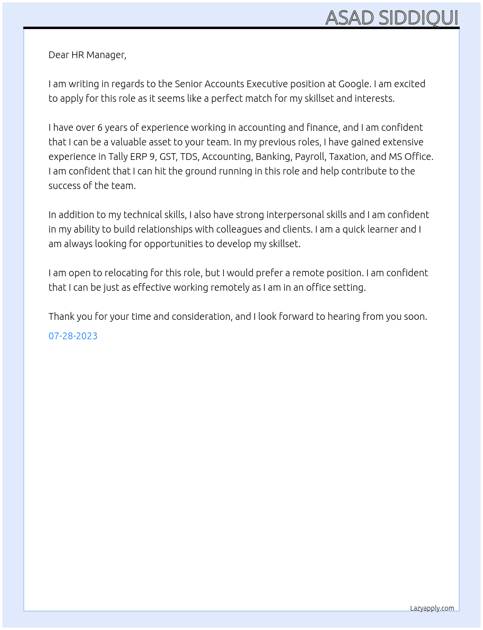 Senior Accounts Executive At Google Cover Letter