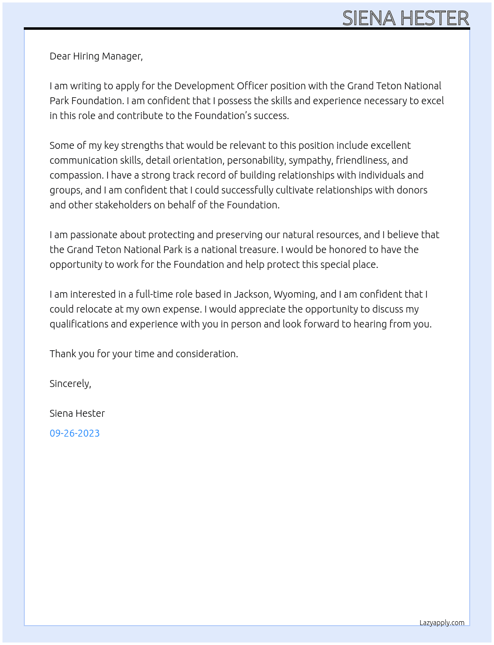 Development Officer  At Grand Teton National Park Foundation Cover Letter