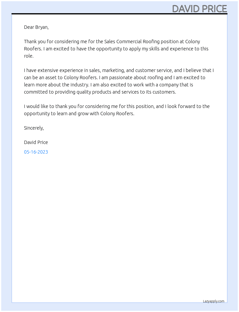 Sales Commercial Roofing  At Colony Roofers Cover Letter