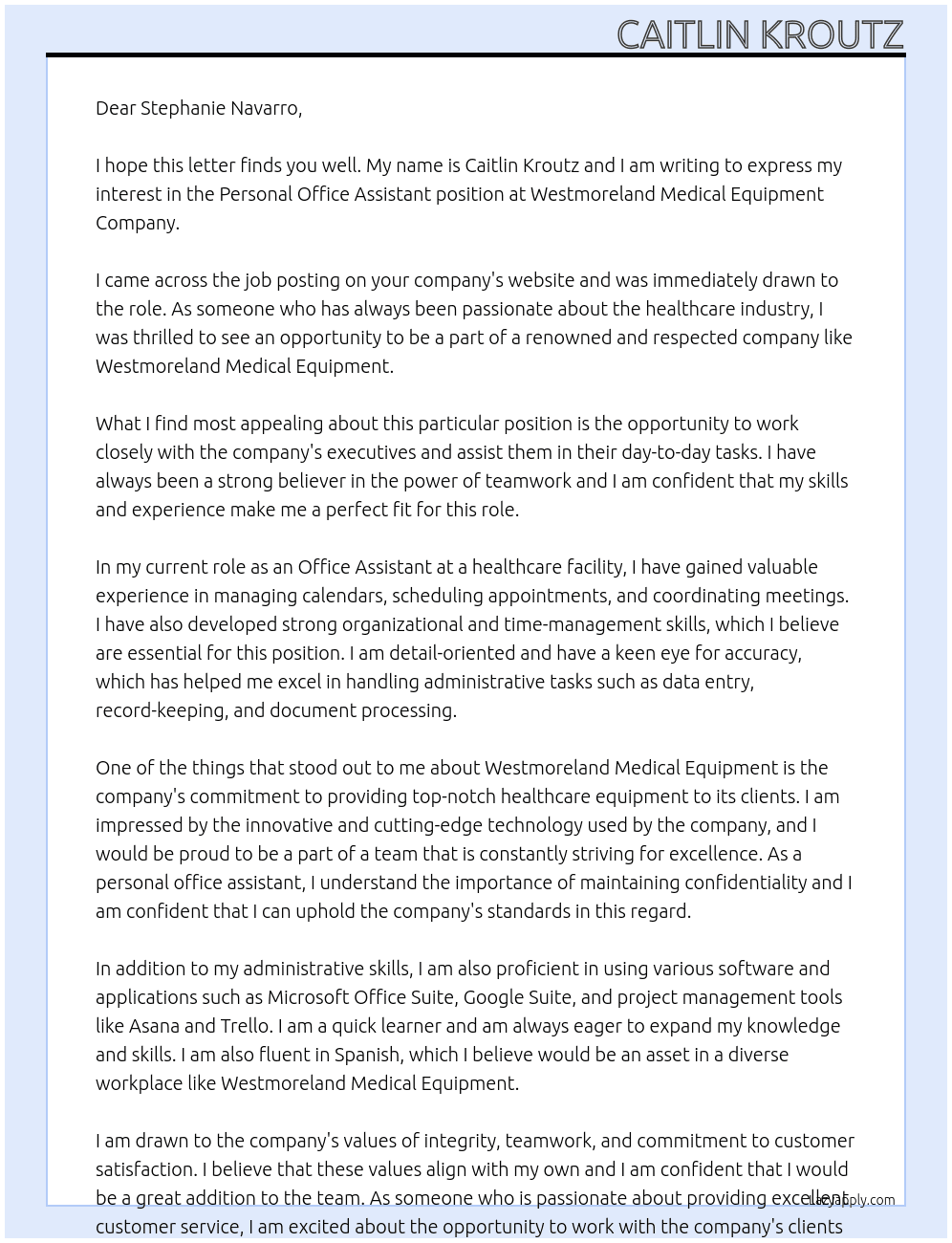 Personal Office Assistant At Westmoreland Medical Equipment Company Cover Letter
