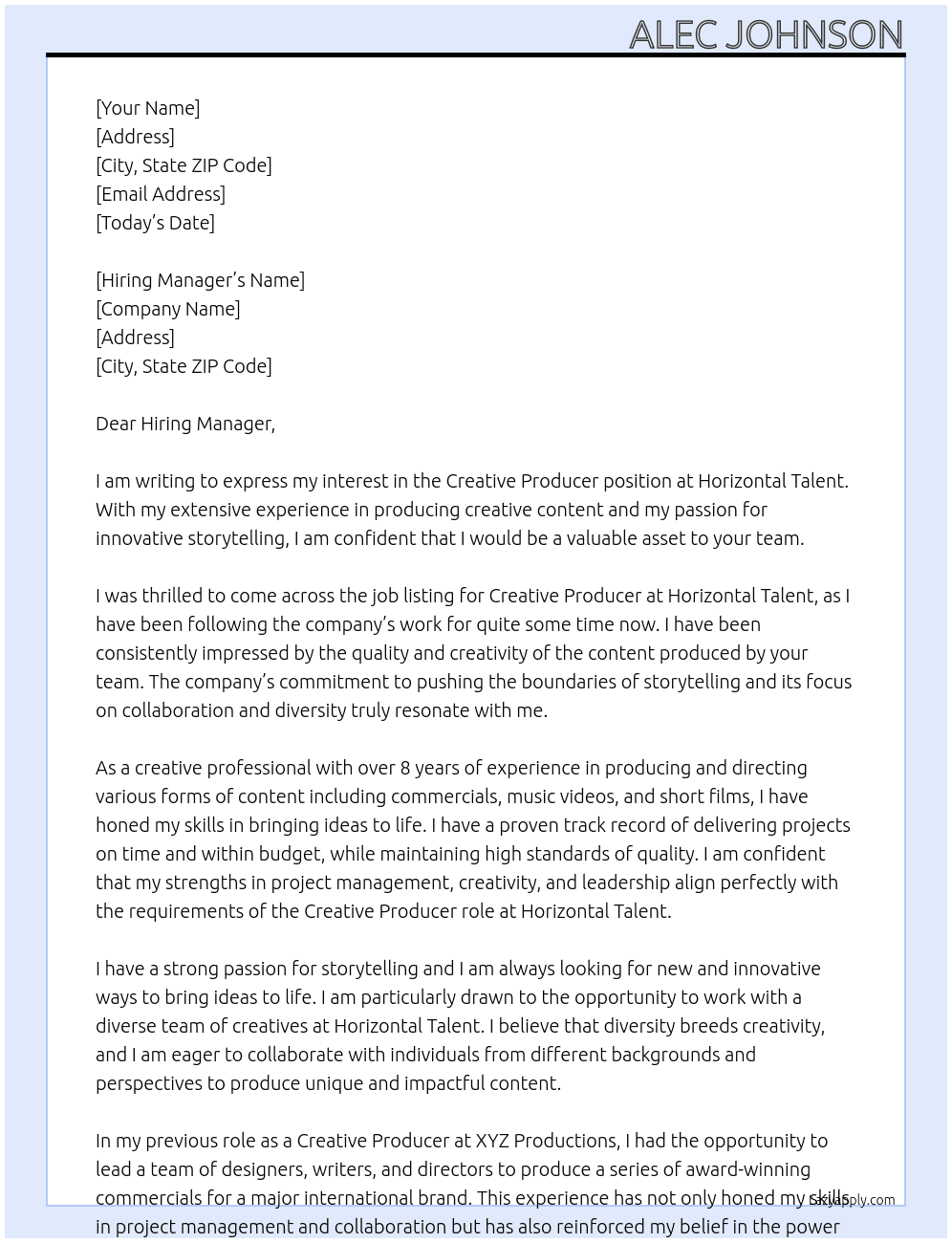 Creative Producer At Horizontal Talent Cover Letter