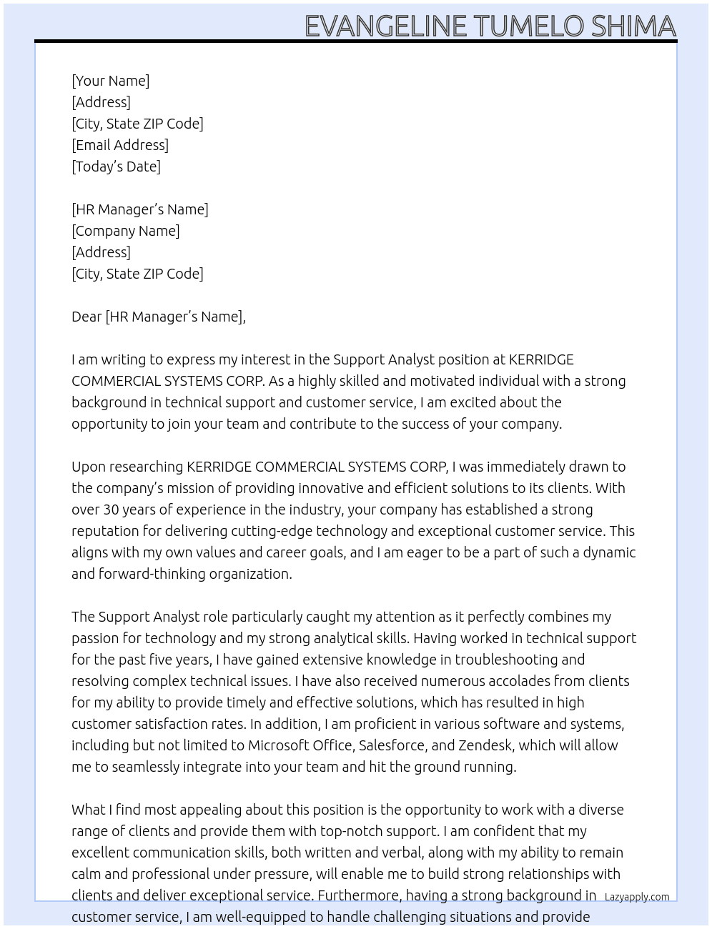 support analyst At KERRIDGE COMMERCIAL SYSTEMS CORP Cover Letter