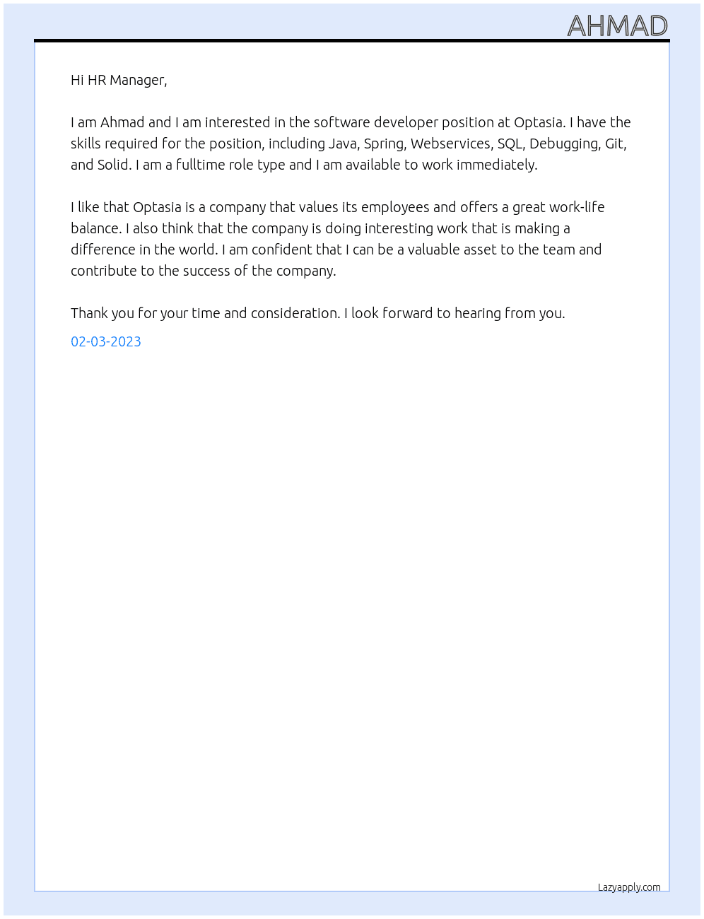 software developer At optasia Cover Letter