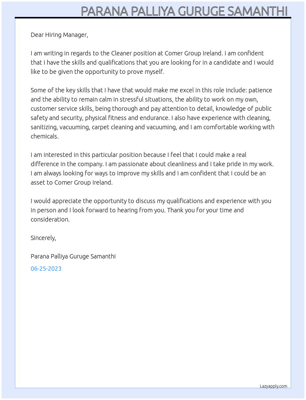 Cleaner  At Comer Group Ireland  Cover Letter