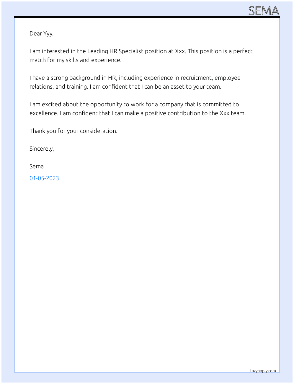 Cover letter for leading hr specialist - LazyApply