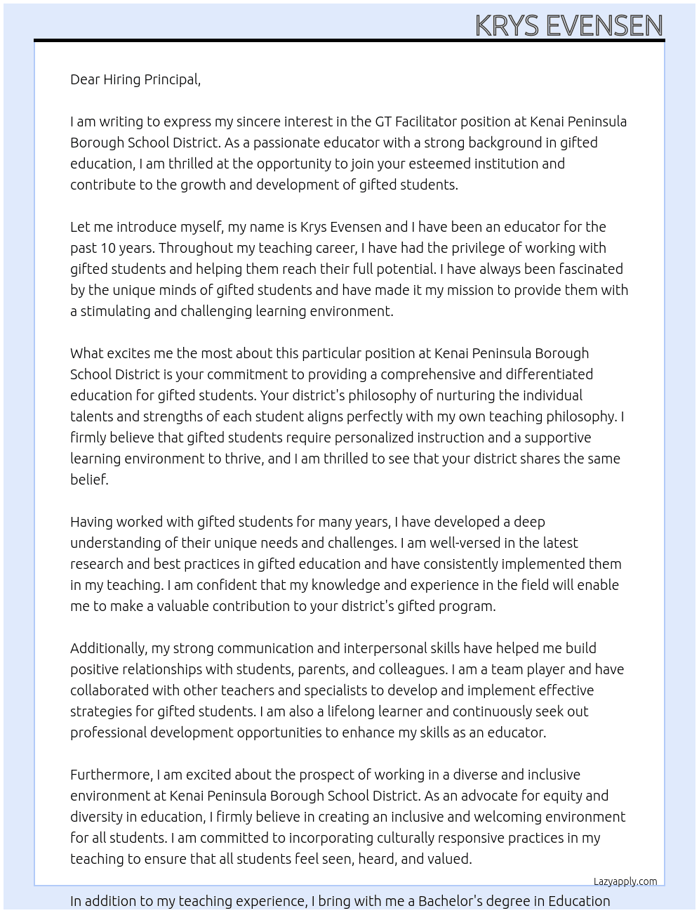 GT Facilitator At Kenai Peninsula Borough School District Cover Letter