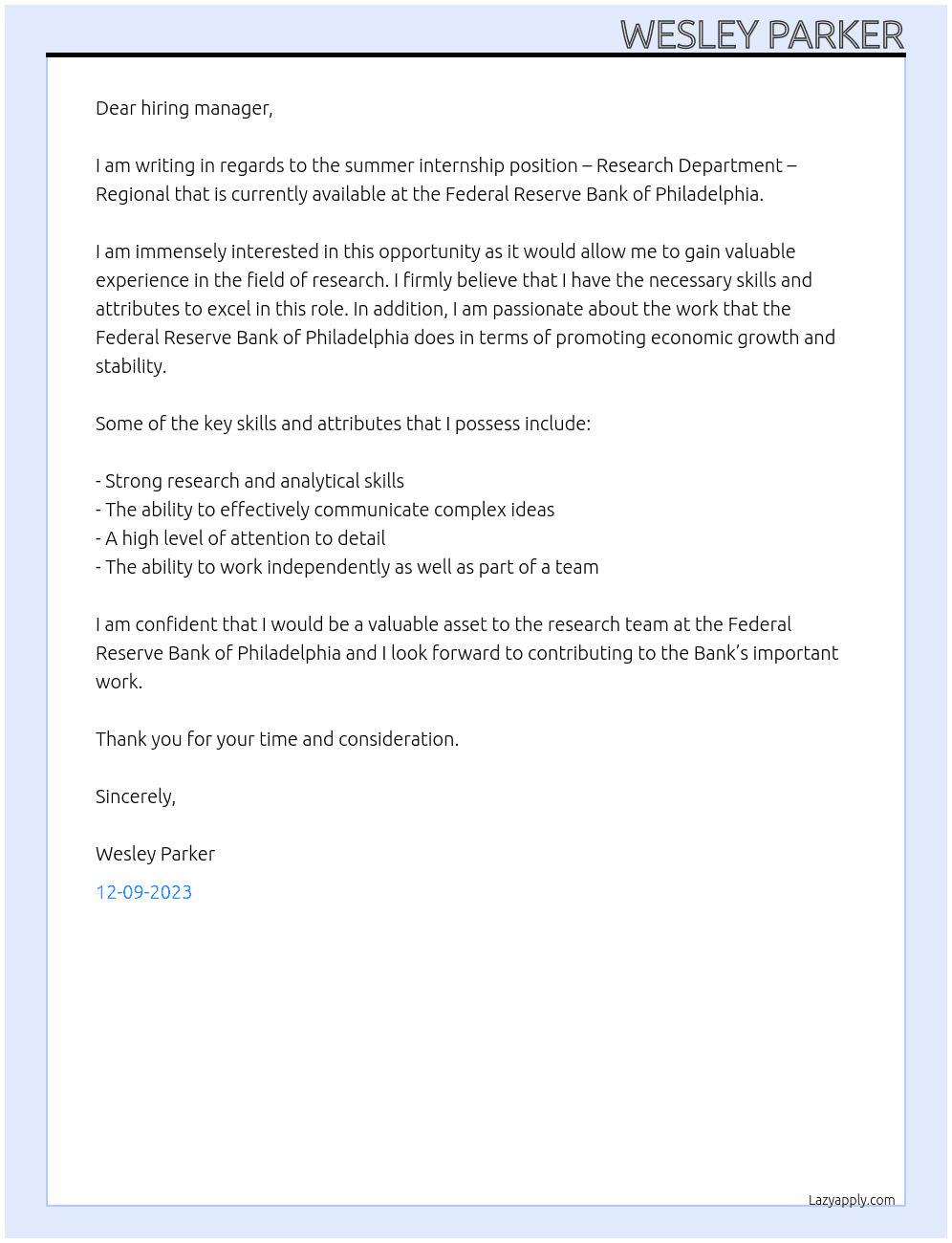 Summer Internship – Research Department – Regional At Federal Reserve Bank of Philadelphia Cover Letter