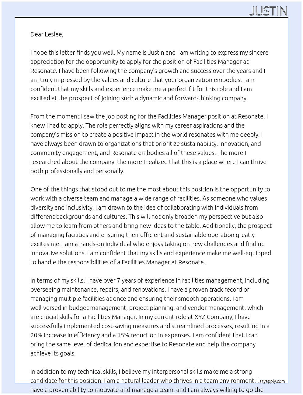 facilities manager At Resonate Cover Letter
