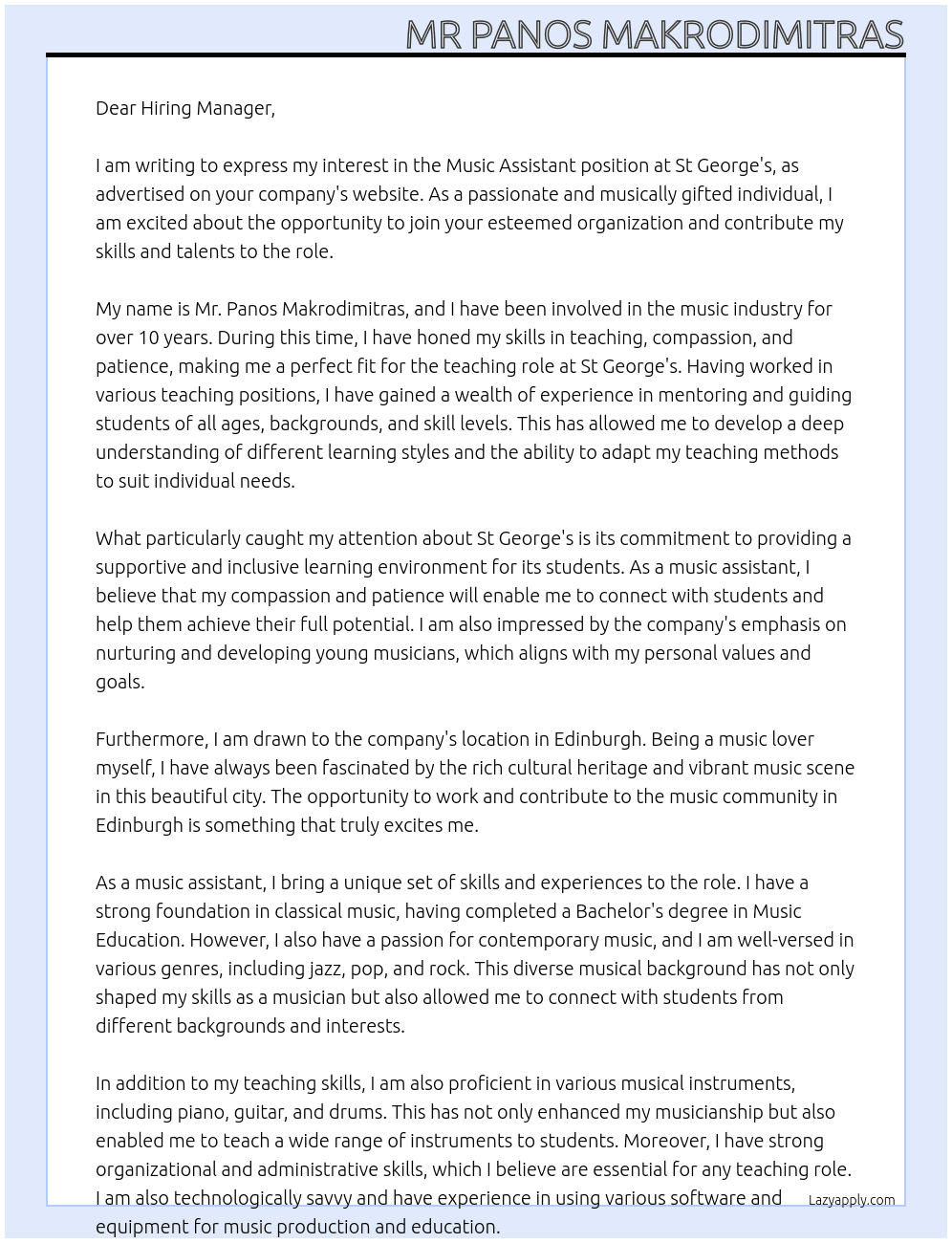 Music Assistant At St George's Cover Letter