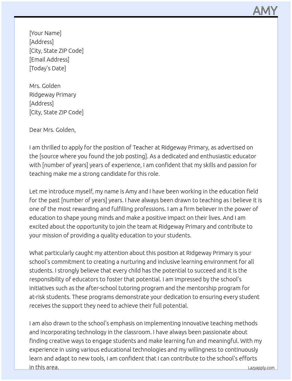 Teacher  At Ridgeway Primary  Cover Letter