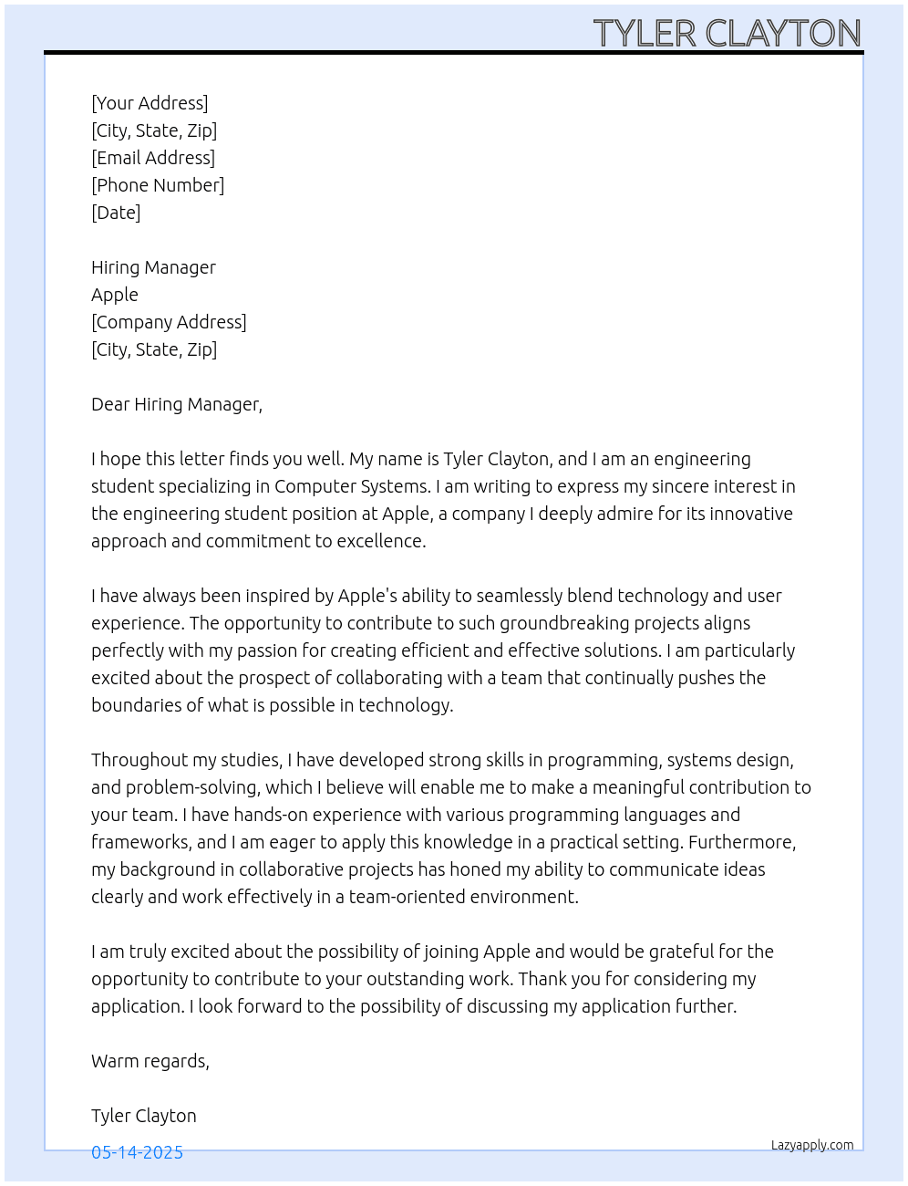 Engineering student (Computer Systems) At apple Cover Letter