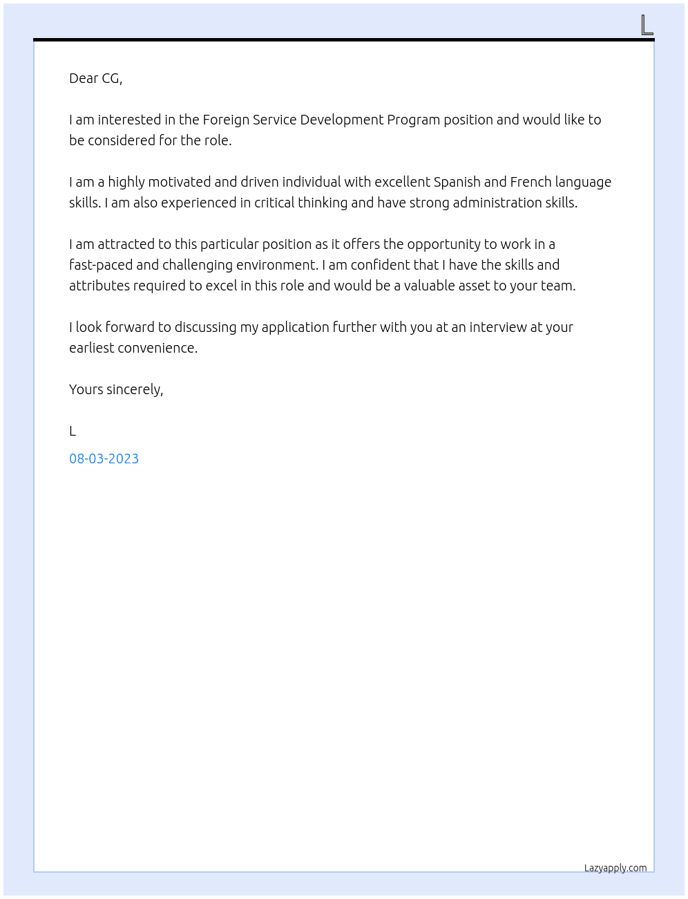 Foreign Service Development Program At CG Cover Letter