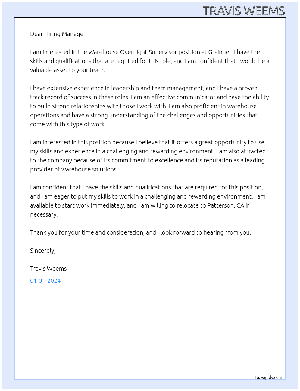 Warehouse Overnight Supervisor At Grainger Cover Letter