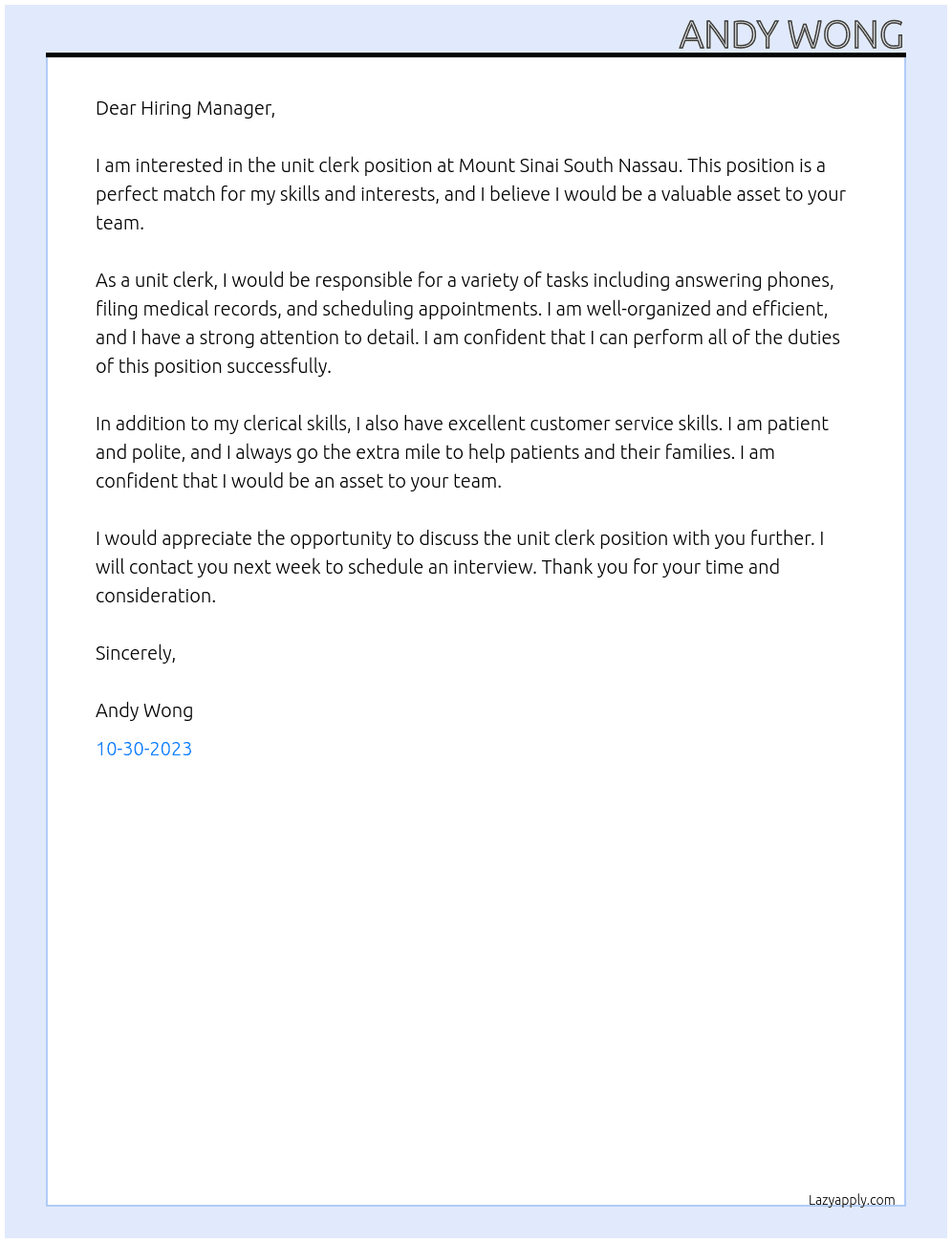 Unit Clerk At Mount Sinai South Nassau Cover Letter