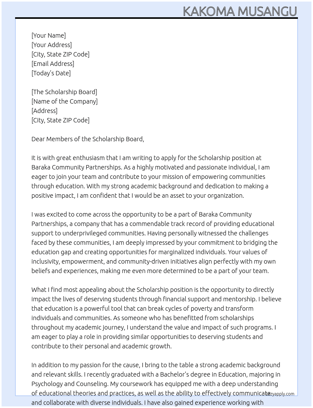 Scholarship At Baraka community partnerships  Cover Letter