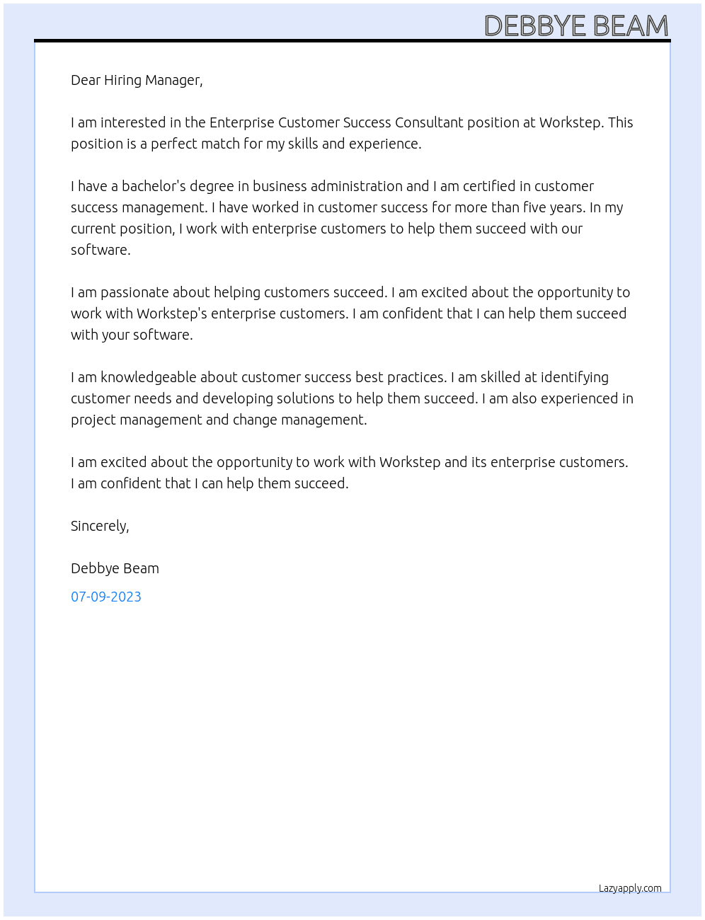 Enterprise Customer Success Consultant At Workstep Cover Letter