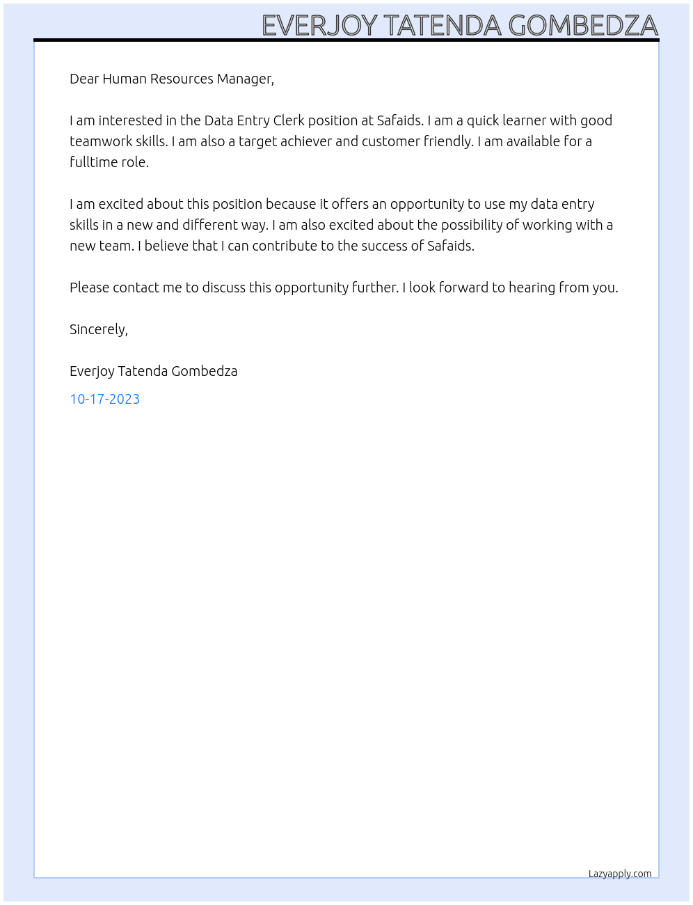 Data Entry Clerk At Safaids Cover Letter