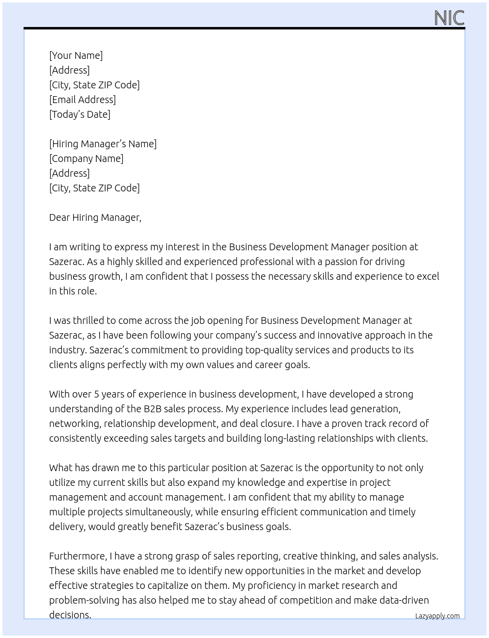 Business Development Manager  At Sazerac Cover Letter