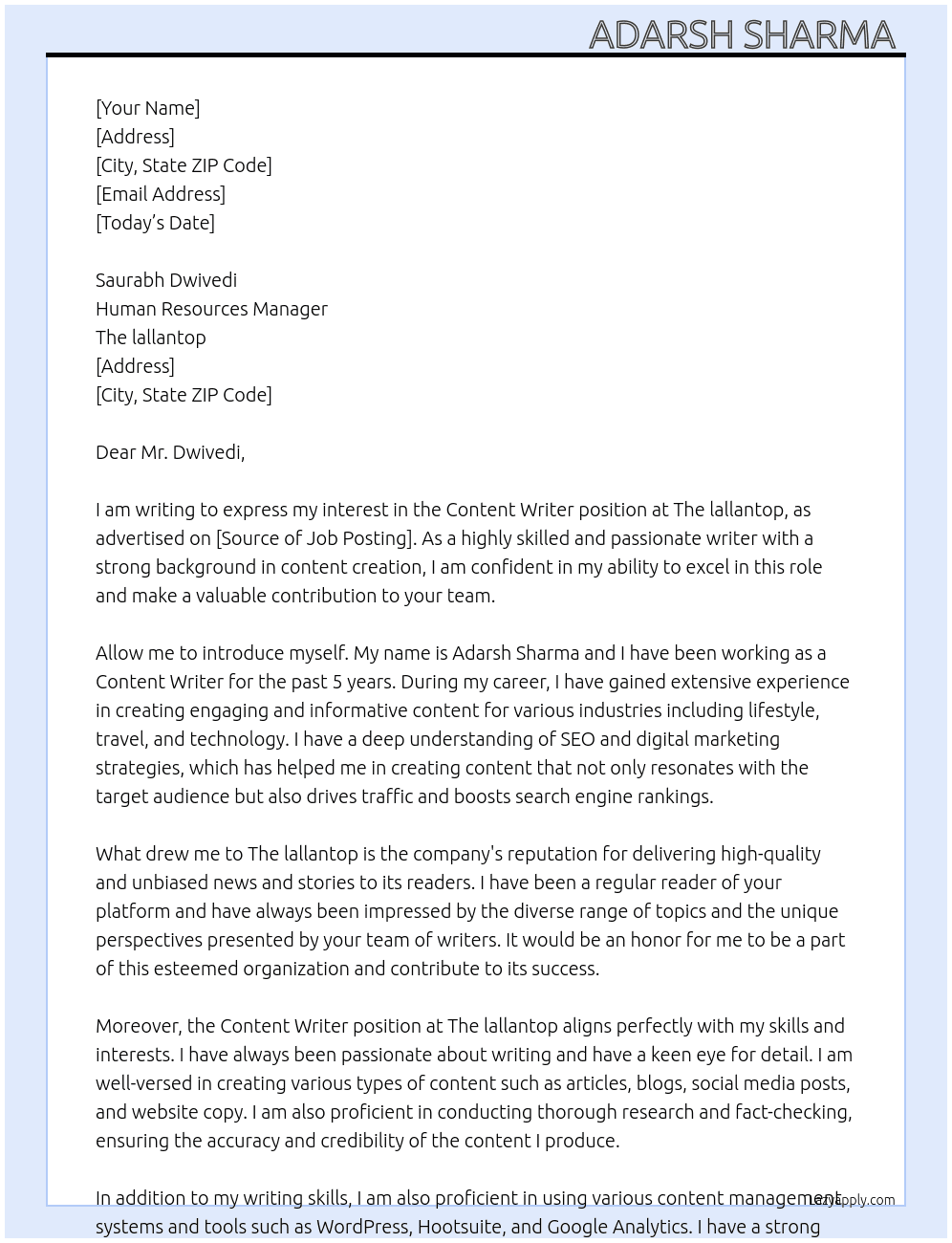 Content writer  At The lallantop Cover Letter