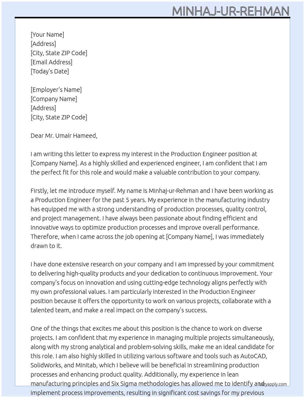 Production Engineer At any Cover Letter