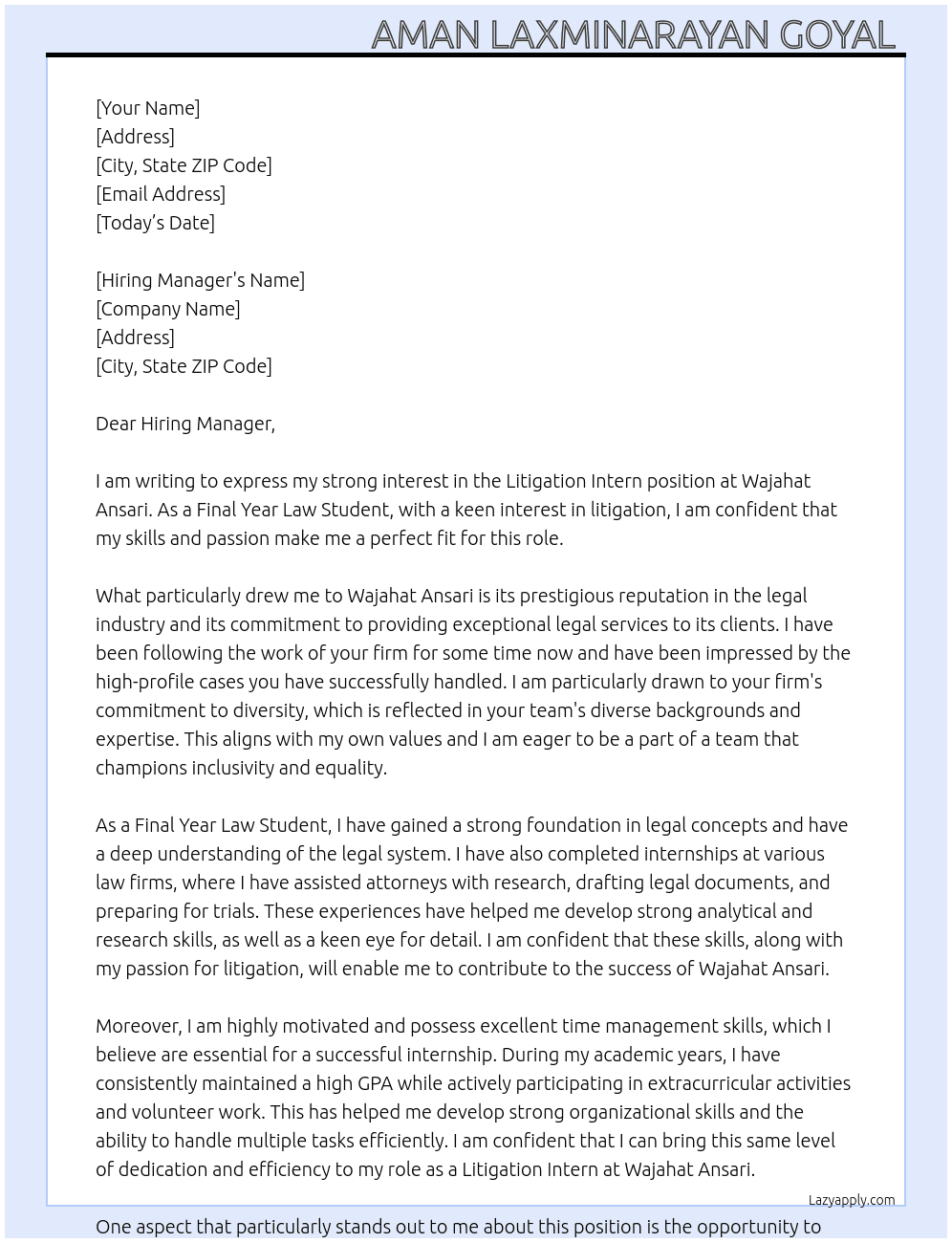 Litigation Intern  At Wajahat Ansari Cover Letter